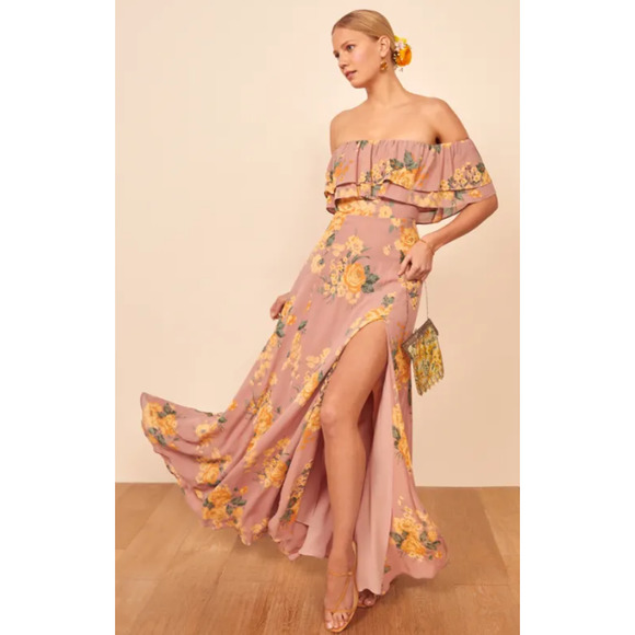 REFORMATION Abelia Dress Floral Off The Shoulder Ruffle Side Slit Maxi Gwenyth - Picture 15 of 15